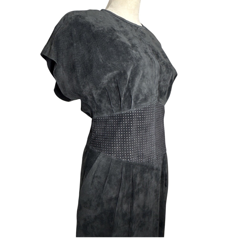 Vintage Lauren Alexandra Black Leather Midi Dress XS Corset Fit Pleated Pockets - Picture 7 of 16